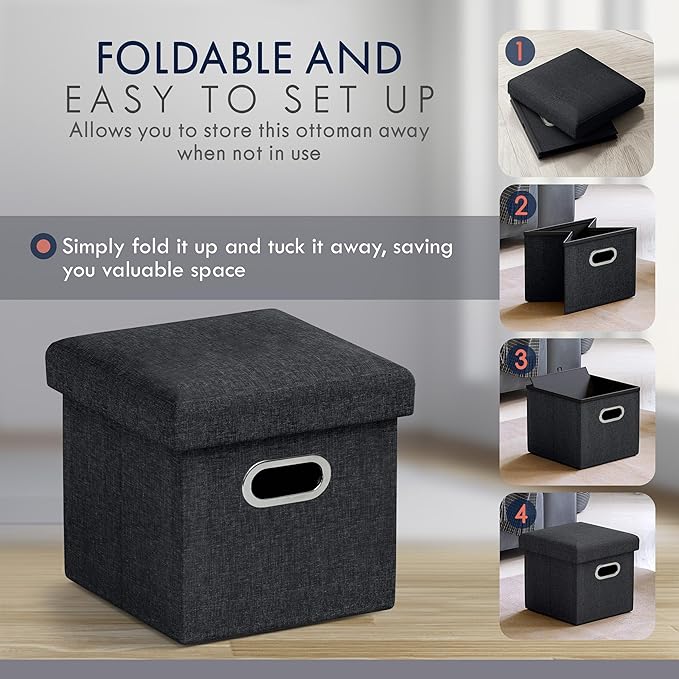 Ornavo Home 12 Inches Small Storage Ottoman with Handles, Foldable Collapsible Cube Square Linen Ottoman Foot Rest Stool Seat, for Living Room, Bedroom, Home Office, Dorm, Black