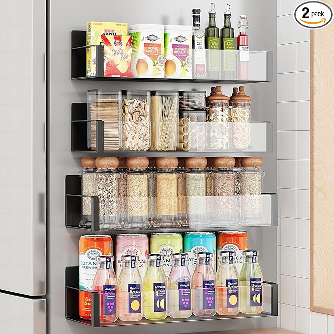 2/3/4 Pack Moveable Fridge Magnetic Spice Racks,Metal Black/White (Clear)