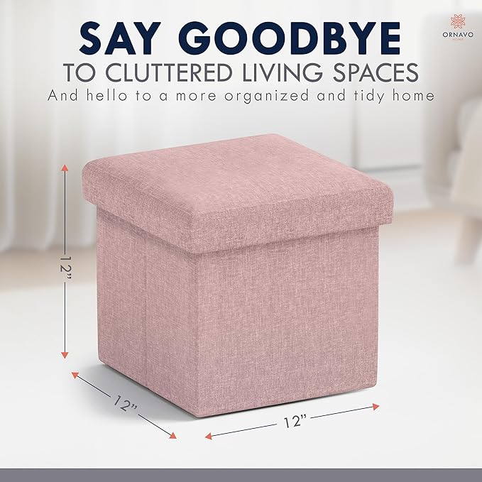 Ornavo Home Small Storage Ottoman Foldable Collapsible Cube Square Linen Ottoman Foot Rest Stool Seat, for Living Room, Bedroom, Home Office, Dorm - 12 x 12 x 12, Pink