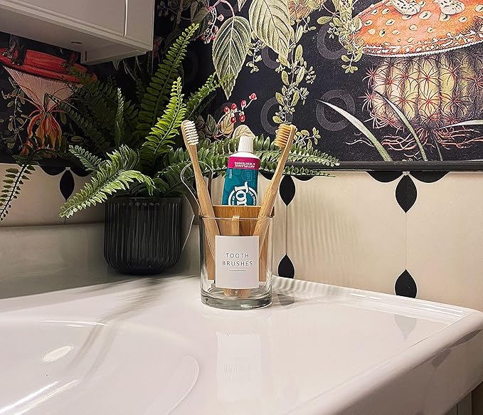 Glass Toothbrush and Toothpaste Holder with Bamboo Divider for Bathroom Countertop, Toothbrush Organizer Stand for Bathroom Vanity Countertops - 1 Pack