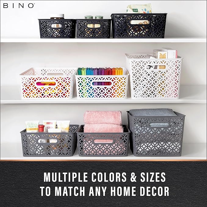 BINO l Plastic Storage Baskets, Medium - White | THE BLOSSOM COLLECTION l Multi-Use Organizer Bin l Built-in Handles l Plastic Woven Basket for Organizing l Pantry & Home Organizing Basket