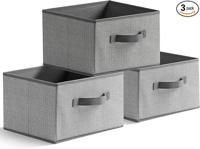 11 inch Storage Baskets, Woven Fabric Bins, Storage Cubes with Reinforced Handles, Organizer Bins for Closet Shelves, Foldable, for Clothes (Gray, 3PCS/11*11*7.8inch)
