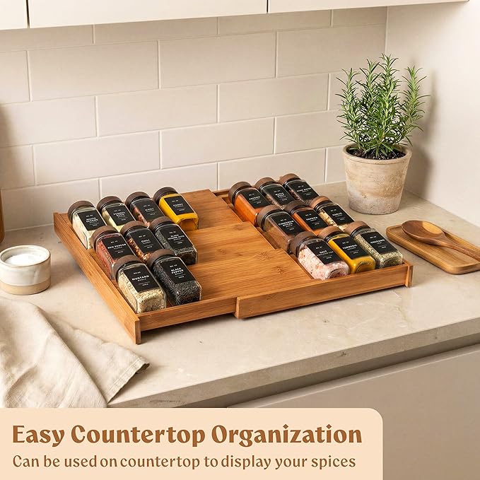 Spice Drawer Organizer - Expandable Spice Rack for Drawer, Black Seasoning Organizer for Drawer Spice Organizer, Spice Organization Seasoning rack insert for Cabinet (Jars Not Included)