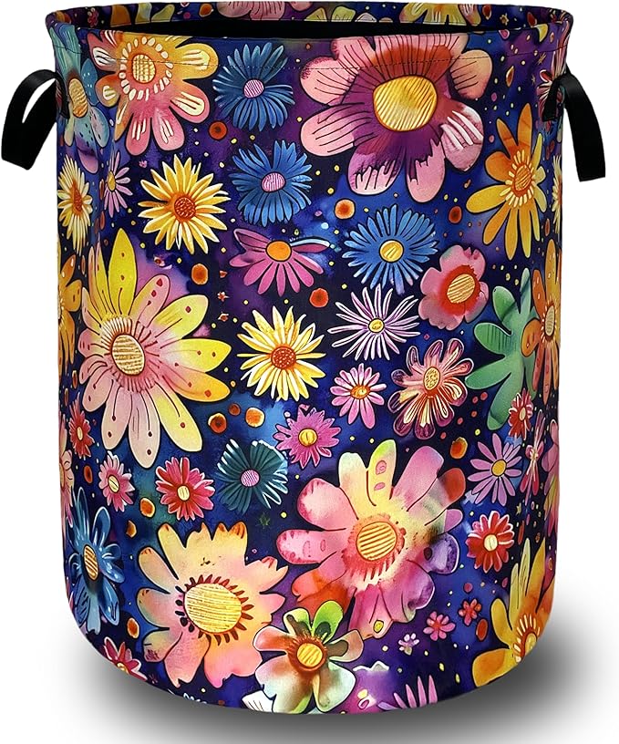 Abstract Hippie Flower Laundry Basket Watercolor Floral Laundry Hamper Foldable Oxford Cloth Colorful Tote Bag Clothes Toy Storage Bucket For Bathroom/Laundry Storage/Bedroom 18.9 x 16.5 Inch