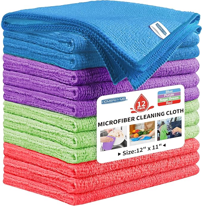 HOMERHYME Microfiber Cleaning Cloth, 12 Pack Cleaning Rags,12" X 11" Lint Free Dish Towels Wash Cloths, Reusable Microfiber Towels for Home and Kitchen Bathroom Apartment Cleaning Supplies, Assorted