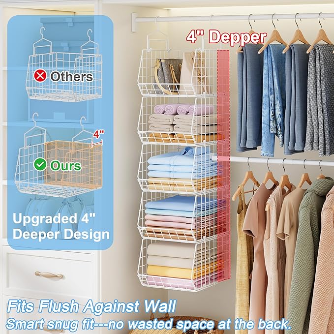 5 Tier Extended Depth Kids Hanging Closet Organizer with Adjustable Width and Height Hanging Rod, Storage Shelves for Sweaters Towels Handbags, Stackable Metal Bins for Closet, Laundry, Dorm, White