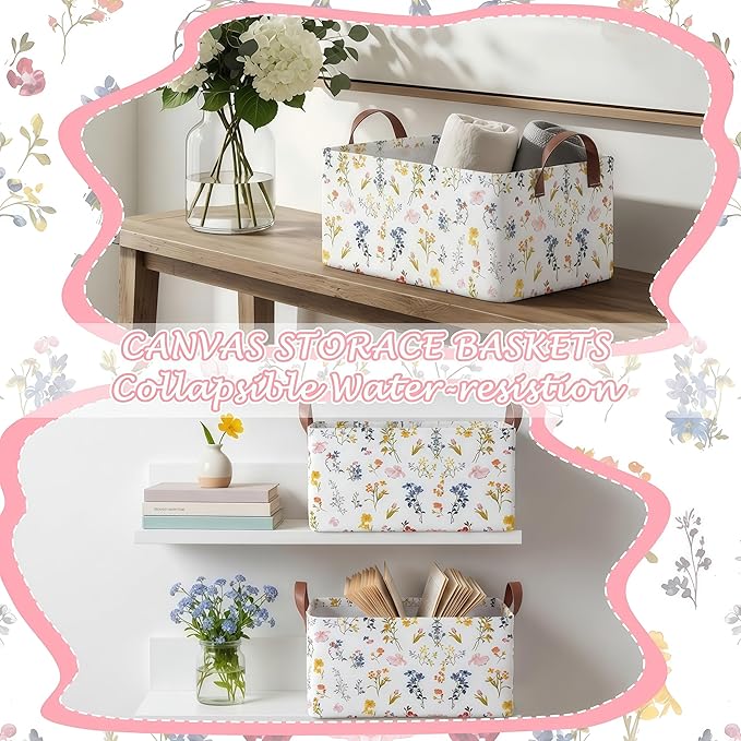 Boao 3 Pcs Watercolor Wildflowers Storage Bin Wildflowers Collapsible Large Storage Baskets for Gifts Canvas Laundry Basket Foldable Box with Handle for Office Home Bedroom Clothes