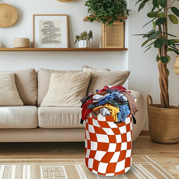 Orange Checkerboard Laundry Hamper Foldable Oxford Cloth Colorful Plaid Laundry Basket With Handle Portable Clothes Storage Organizer Basket 18.9"x16.5" Storage Bag For Laundry Room/Bathroom/Bedroom