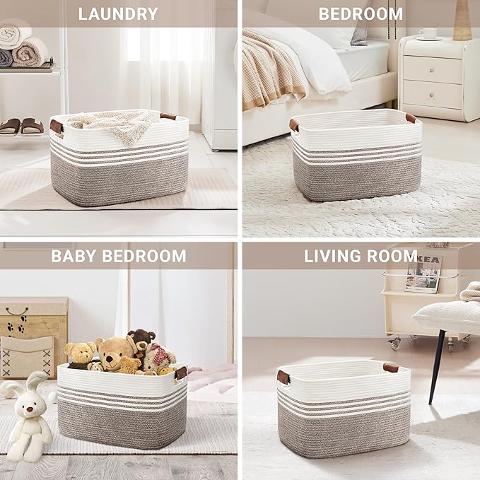 60L Large Laundry Basket with Leather Handles for Living Room Storage, Woven Rope Baskets Bin for Blanket, Kids Toy, Gifts, Wicker Hamper for Bedroom Dirty Clothes, 21"x15"x11" Dark Brown