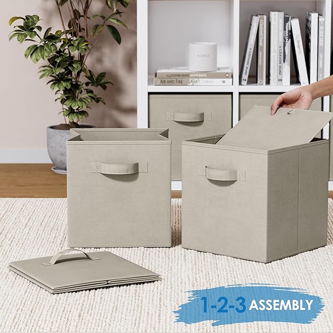 Set of 8 Foldable Fabric Storage Cube Bins | Collapsible Cloth Organizer Baskets Containers | Folding Nursery Closet Drawer | Features Dual Handles | More Beautiful Colors Available (Off White)
