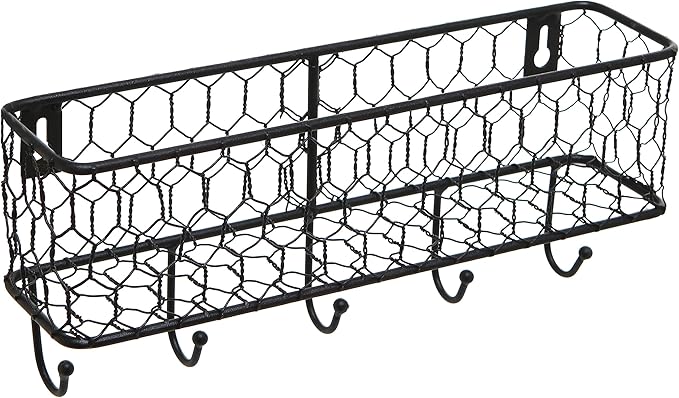 MyGift Wall Mounted Metal Entryway Mail Holder and Key Organizer Rack with 5 Hooks, Decorative Storage Basket and Hanger Hooks for Keys, Lanyard, Keychain, Light Coat