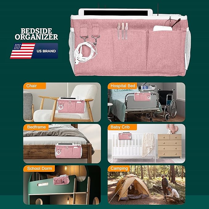 ADVANCELLPRO Bedside Caddy Organizer Hanging Storage Bag with Pockets for Books, Magazines, Phone, Tablet & Water Bottle – Bedside Storage for Dorm, Bunk Beds, Hospital Beds & Cribs, Pink