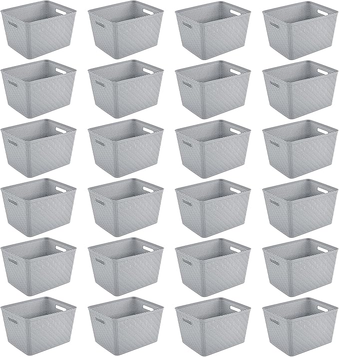 Sterilite 24 Pack Plastic Storage Bin Organization Containers, Tall Baskets, Cement