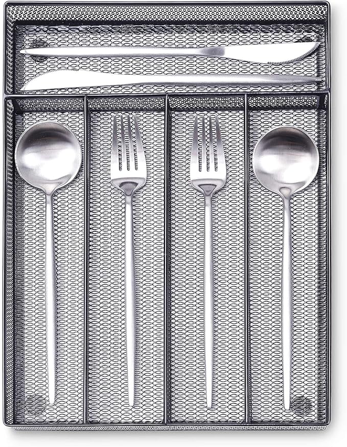 WuGeShop Silverware Drawer Organizer Black, Kitchen Drawer Organizer Metal Mesh Utensil Tray Non-Slip Cutlery Tray, 5 Compartments