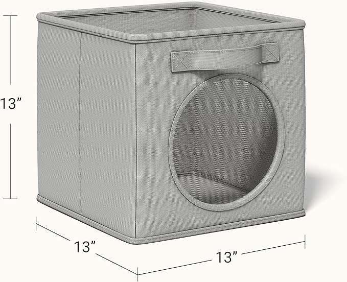 Vailando Foldable Fabric Storage Cube with Round Window - 4 Pack 13"x13"x13" Collapsible Closet Organizer Bins for Clothes, Shelves, Offices, Toys & Misc, Light Gray