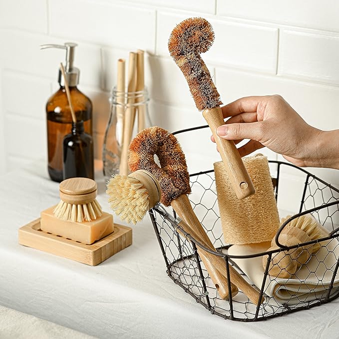 Jungle Culture® 6 Pack Bamboo Dish Brush Set for Washing Up • Natural Wooden Dish Brushes for Pans & Dishes • Eco Friendly Dish Scrubber for Bottles, Pots & Vegetables • Non Toxic & Plastic Free