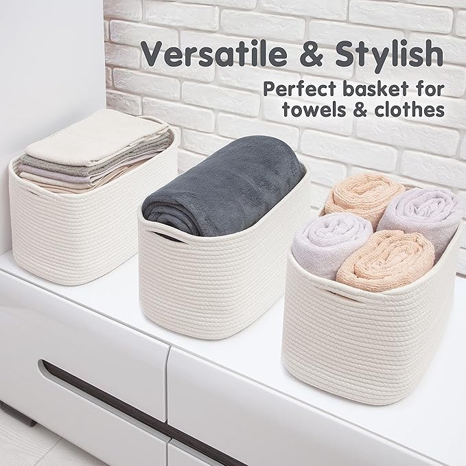 CHAT BLANC Cotton Rope Baskets for Organizing | Storage Baskets for Shelves | Rope Basket for Storage, Small Laundry Baskets, Woven Baskets for Storage, Dog Toy Bin, Baby Basket, Creamy White 3 Pack