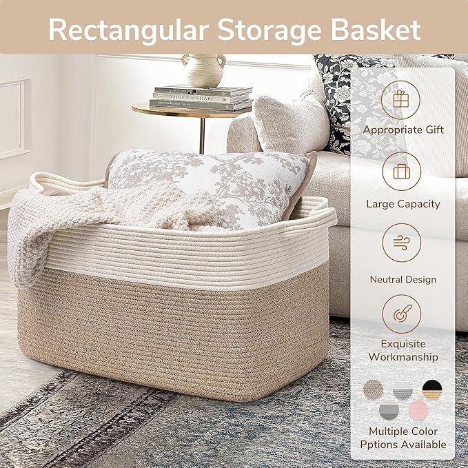 Goodpick Large Woven Blanket Basket, 21.6" x 14.9" x 11.8" Storage Baskets for Organizing, Rectangle Cotton Rope Toy Basket for Living Room, Bedroom, White & Brown
