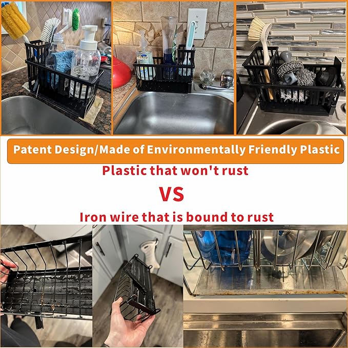 Yieach Rustproof Kitchen Sink Caddy Organizer,Durable Plastic Scrubber,Drain,Dish Sponge Holder,Dish Soap Rack and Dispenser,Multifunctional Kitchen Sink Counter Storage Organization Accessories,Black