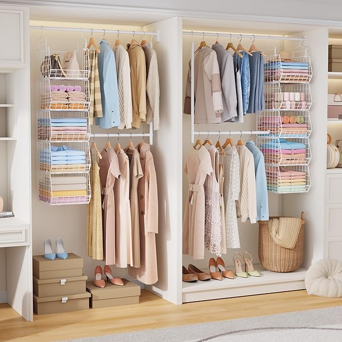 5 Tier Extended Depth Kids Hanging Closet Organizer with Adjustable Width and Height Hanging Rod, Storage Shelves for Sweaters Towels Handbags, Stackable Metal Bins for Closet, Laundry, Dorm, White