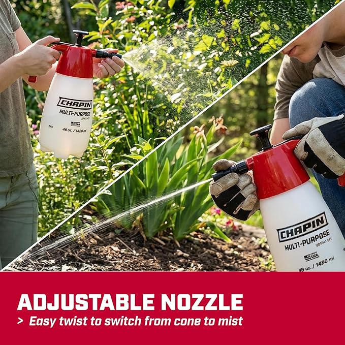 Chapin 1002 Handheld Pump Sprayer, 48oz, Multi‑Purpose, Lawn & Garden, Translucent Poly Tank, Wide‑Mouth Opening, Adjustable Cone Nozzle & Anti‑Clog Filter for Weed, Fertilizer & Pest Applications