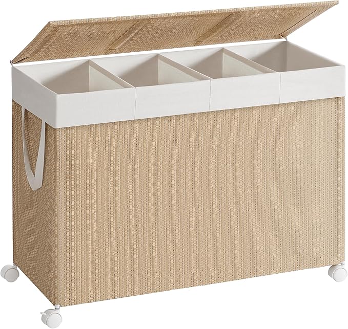 SONGMICS HOME Laundry Hamper with 4 Section, 180 L Large Rolling Laundry Basket with Wheels, Rattan Clothes Basket with Lid, Removable Liner with Handles, Natural Beige and Matte White ULCB603N01