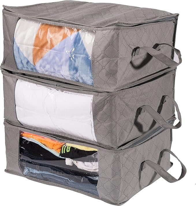 Amazon Basics Foldable Large Clothes Storage Bags with Clear Window & Carrying Handles, Closet Organizers, Zipper, 3-Pack, Gray