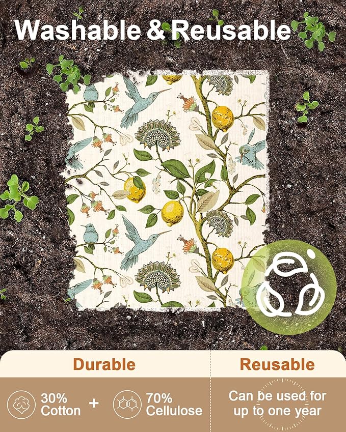 Kitchen Swedish Dishcloths with Hooks - 6 Pack Reusable Dish Cloths for Washing Dishes Fast Drying Cute Fun Swedish Dish Towels Washable Cleaning Sponge, Trees Fruits