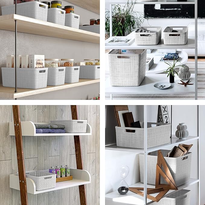 Curver Set of 2 XL 30.5L Jute Decorative Plastic Organization and Storage Baskets - Perfect Bins for Home Office, Closet Shelves, Kitchen Pantry and All Bedroom Essentials, White