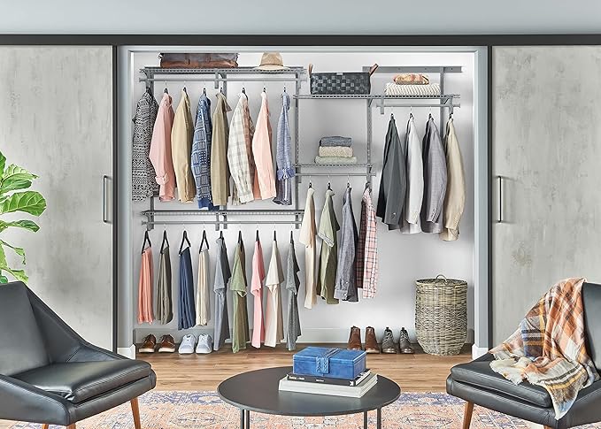ClosetMaid ShelfTrack Wire Closet Organizer System, Adjustable from 5 to 8 Ft., With Shelves, Clothes Rods, Hardware, Durable Steel, Satin Chrome