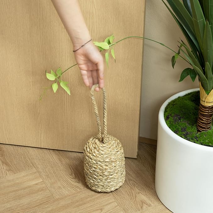 Decorative Door Stop With Handle - Natural Water Hyacinth Nautical Doorstop for Inside, Weight to Keep Open - Cute Stoppers for Bottom (Seagrass/Concrete), Beige