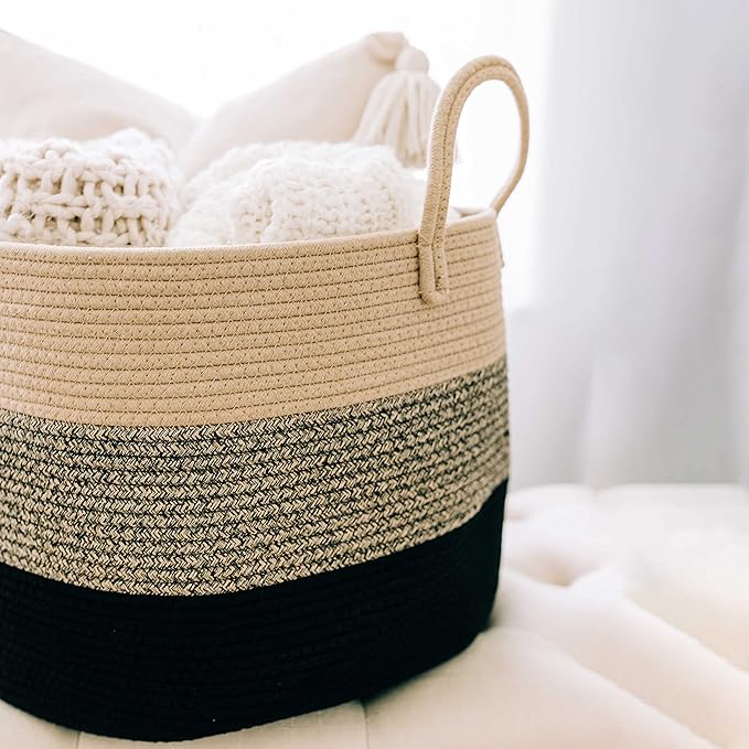 OrganiHaus Large Woven Storage Basket for Blankets and Toys 20" x 13" Inch, Rope Laundry Basket with Handles, Cushions & Pillows Storage Bin, Nursery Hamper, Soft Round Dog Toy Bin - Brown/Black