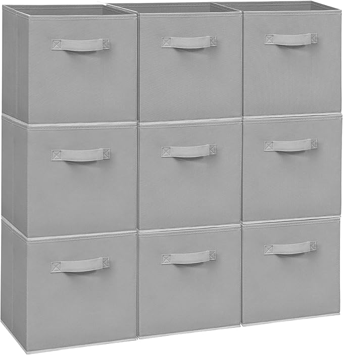 Easi Storage Cubes, 11 Inch Storage Bins, Set of 9, Foldable Fabric Cube Storage Organizer With Handles, Closet Cube Storage Bins, Collapsible Cubby Storage Organizer for Shelves,Offices, Gray