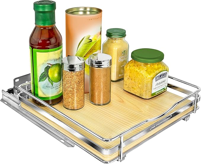 LYNK PROFESSIONAL® Élite™ Pull Out Spice Rack Organizer for Inside Kitchen Cabinets - 10-3/8 inch Wide - Slide Out Drawer – Wood/Chrome Sliding Spice Organization for cabinet - Spice Racks - 1 Tier