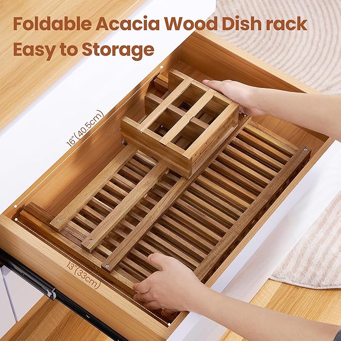 Acacia Wooden Dish Drying Rack for Kitchen Counter 2-Tier Collapsible Bmaboo Dish Drying Rack with Utensil Holder-Large Folding Dish Drainer Rack with Flatware Holder 34 pcs Grid