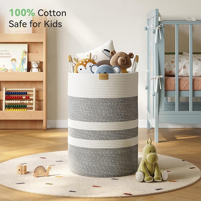 95L Striped Laundry Hamper with Leather Handles,Large Foldable Laundry Basket for Clothes,Cotton Rope Storage Bin for Blankets,Woven Clothes Basket for Bedroom,Gray Stripes