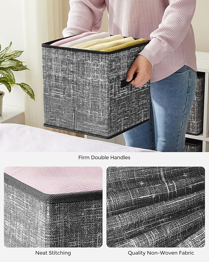 SONGMICS Storage Cubes, 11-Inch Non-Woven Fabric Bins with Double Handles, Set of 6, Closet Organizers for Shelves, Foldable, for Clothes, Classic Black UROB026B01