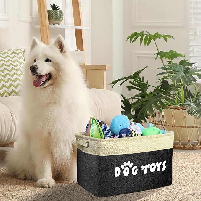 PET ARTIST Dog Toy Basket, Collapsible Dog Toy Bin Box with Comfortable Handles, Large Pet Toy Storage Organizer for Accessories, Toys, Coat & Clothing, Blanket & Leash, Black, 15"x11"x9"