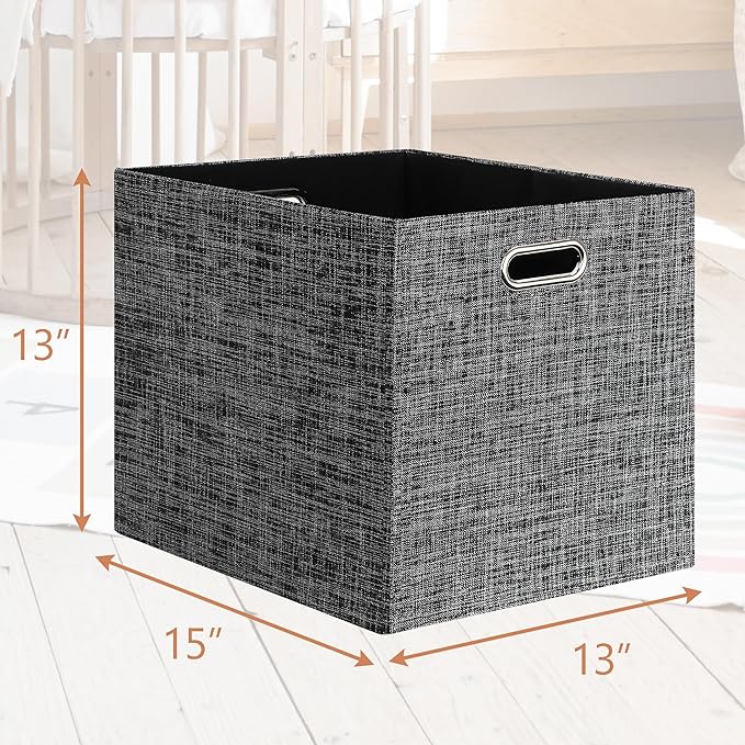Posprica 13x15x13in Collapsible Storage Bins, Fabric Foldable Cube Storage Boxes, Decorative Storage Baskets Organizer for IKEA Kallax, Shelves, Closet, Clothes, Toy, Set of 4-Black