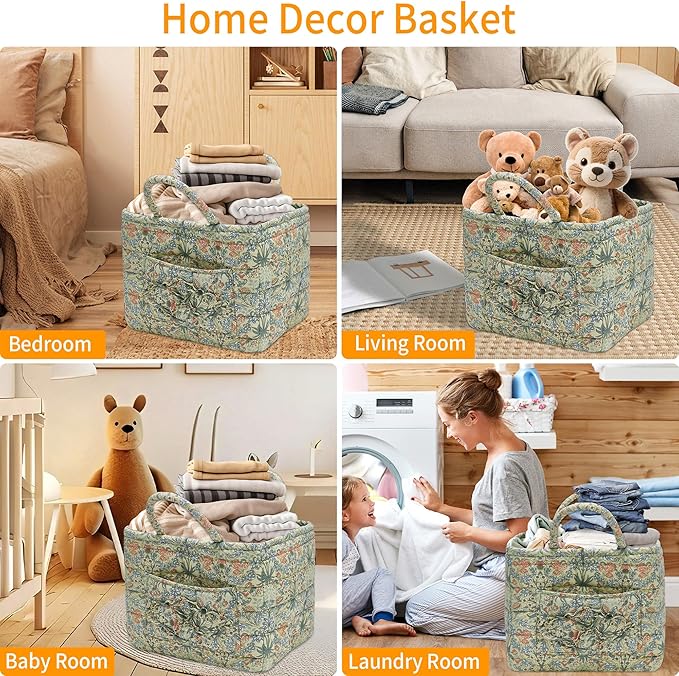 Quilted Fabric Storage Baskets with Handles, Boho Floral Gift Basket Foldable Organizer Bin for Home Decor, Picnic, Travel 12''x10''x10'' (Light Green)