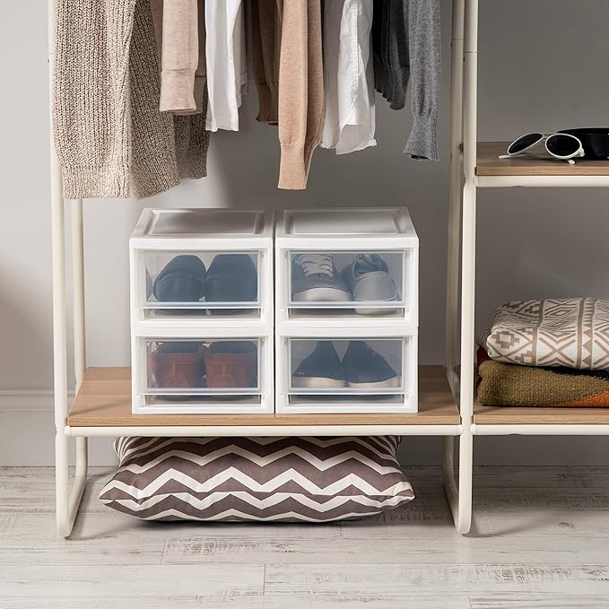 IRIS USA 6 Qt. Plastic Drawer Storage Organizer Stacking Drawers, 4-Pack, Stackable Unit with Sliding Drawer for Clothes Bedroom Kitchen Under Sink Pantry Craft Room Bathroom Dorm Office, White