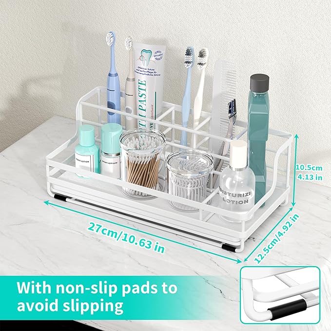 HapiRm Toothbrush Holders for Bathroom - 5 Partitions Bathroom Counter Organizer with Instant Drying Stone, Stainless Steel Countertop Storage Electric Toothbrush Toothpaste Holder - White