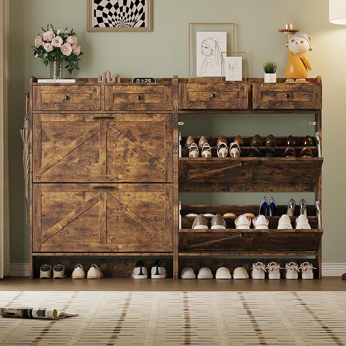 BORNOON Shoe Storage Cabinet for Entryway, Farmhouse Narrow Shoe Cabinet with 2 Flip Drawers & Top Drawers, Adjustable Shelves & Hooks, Freestanding Hidden Rack Organizer for Hallway, Foyer