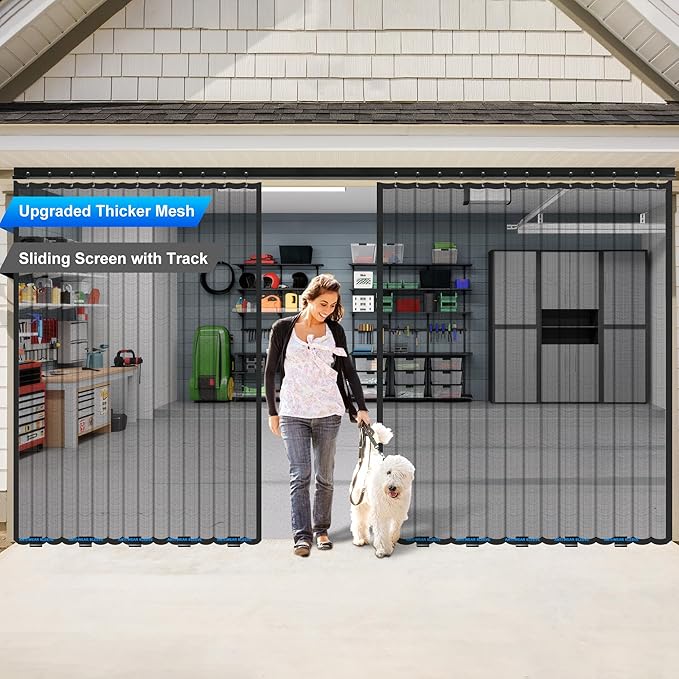 Sliding Garage Door Screen 16x8FT for 2 Car Garage Doors, Magnetic Garage Screen Door with Track Closure, Thicker 265g/㎡ Mesh, 16x8Ft Retractable Garage Door Screen(Patent has Been published)