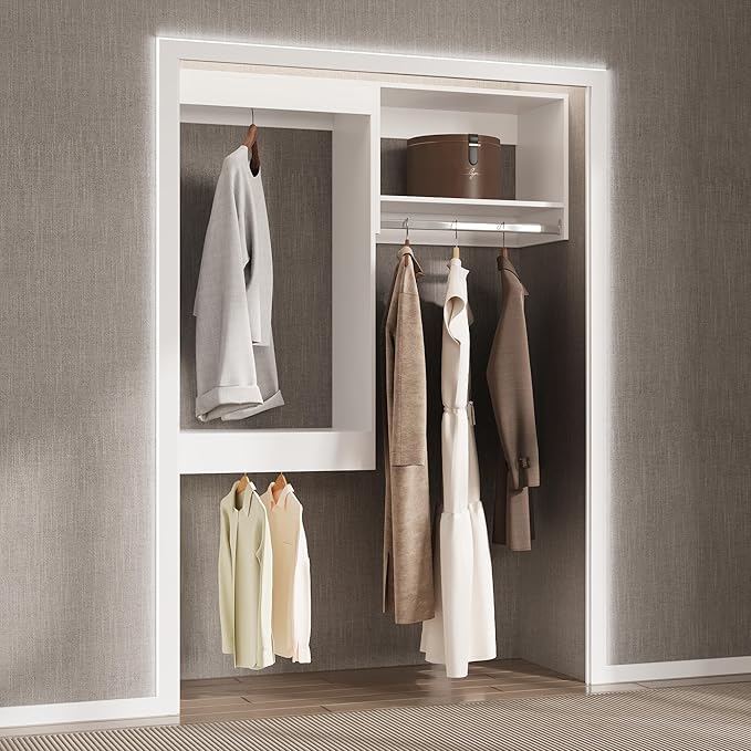 Modular Closet System, 61" Wide Closet Organizer System with Hanging, Wood Tower Closet Storage for Walk In Closets, Wall Mounted Wardrobe Organizer Kit System, Bedroom, White