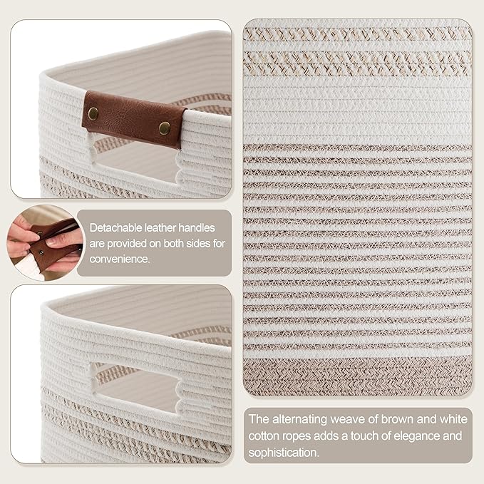 75L Tall Laundry Hamper with Handles for Living Room Storage, Large Woven Rope Baskets Bin for Blanket, Kids Toy, Gifts, Wicker Hamper for Bedroom Dirty Clothes, 16"x13"x22" White Brown