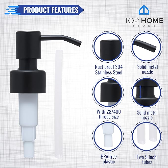 Stainless Steel Soap and Lotion Dispenser Pumps, Replacement for Your Bottles (Black Matte, 2 Pack)