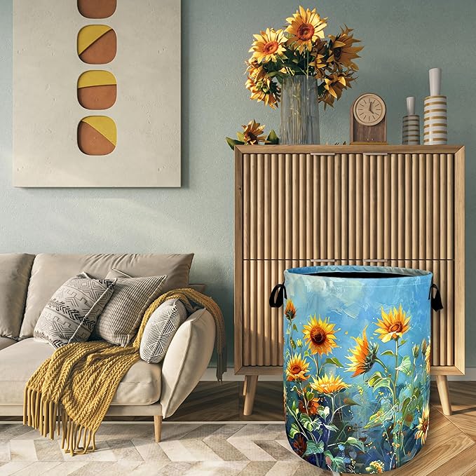Watercolor Sunflower Laundry Basket Flowers Funny Laundry Hamper Foldable Oxford Cloth Floral Colorful Tote Bag Clothe Toy Storage Bucket 18.9" x 16.5" For Bathroom/Laundry Storage/Bedroom