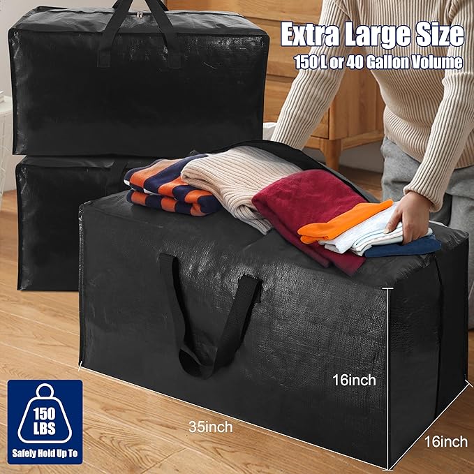 Cosy Family 8 Pack Heavy Duty Extra Large Moving Bags with Backpack Straps - Strong Handles & Zippers, Storage Totes For Space Saving, Fold Flat, Alternative to Moving Box (40 gal, Black)
