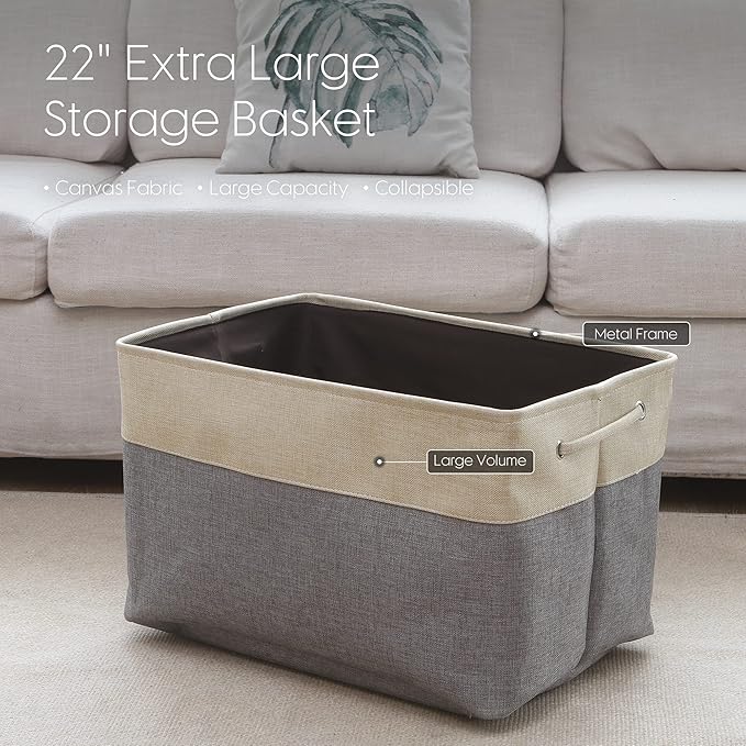 Sea Team 3-Pack Extra Large Storage Basket Set, Trunk Organizer, Clothes Toys Bin, 22 x 15 x 13 Inches, Rectangular Canvas Fabric Collapsible Shelf Box with Handles for Kids Room (Grey/Beige)